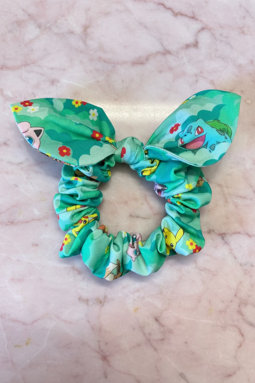 Catch Em All Kids Bunny Ear Hair Scrunchie Green