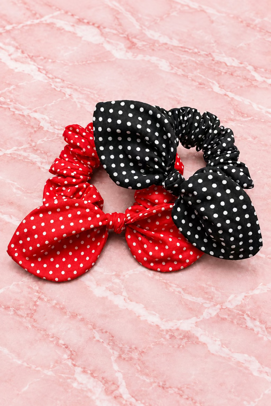 Red and Black Polka Dot Bunny Ear Hair Scrunchie Set