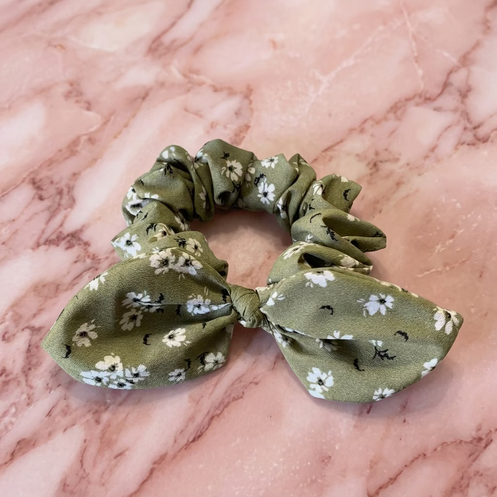 Sage Green Floral Polyester Bunny Ear Hair Scrunchie