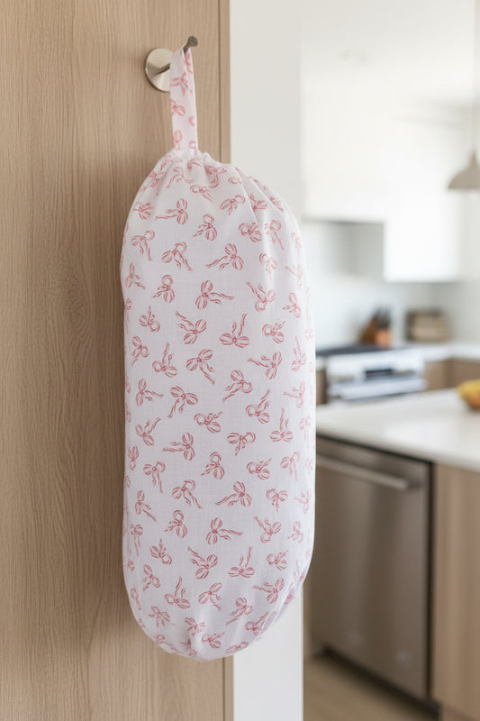 Pink Bows Cotton Grocery Bag Holder