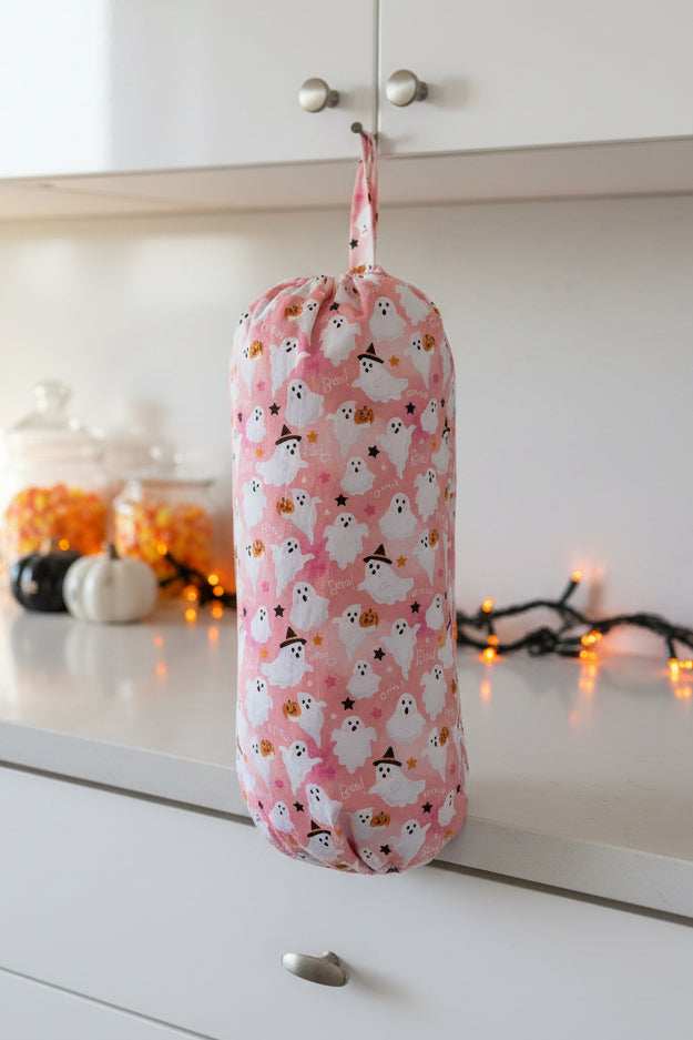 Spooky Pastel Pink Ghost Cotton Grocery Bag Holder
