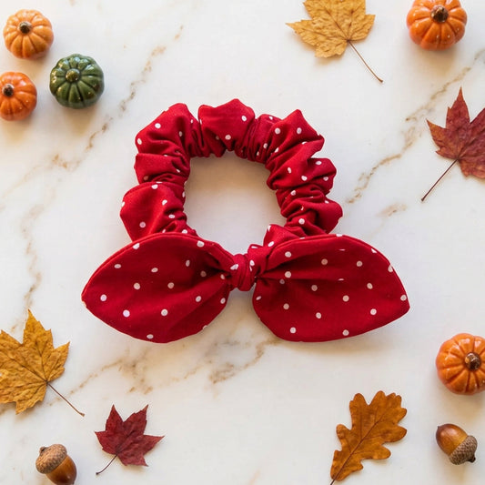 Cranberry Polka Dot Bunny Ear Hair Scrunchie