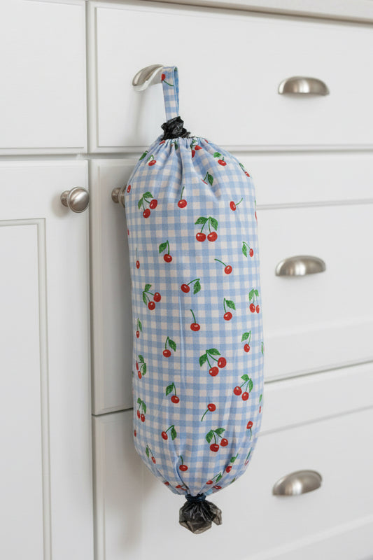 Gingham Cherry Cotton Reusable Grocery Bag Holder